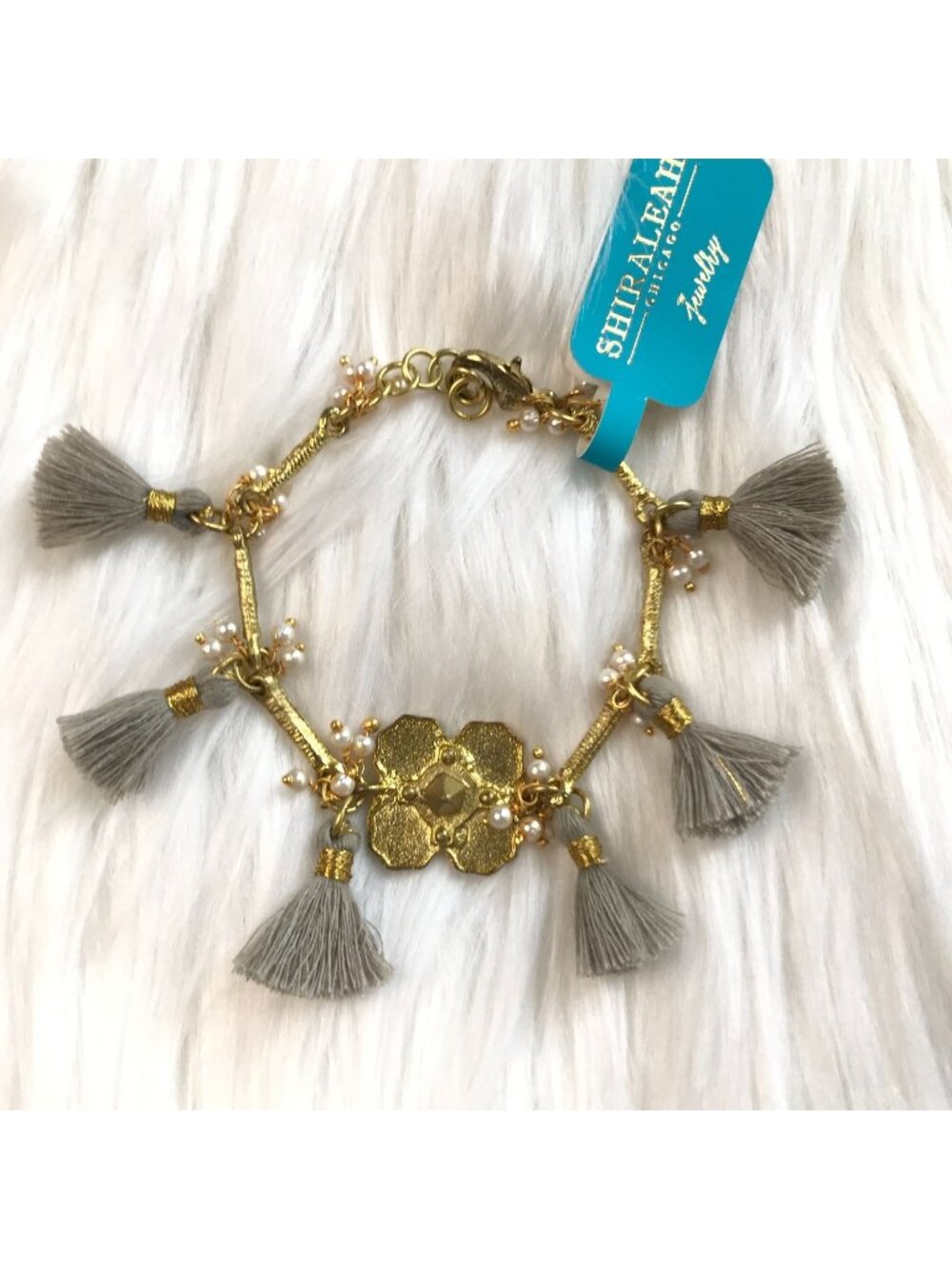 NWT Anthropologie Boho Festival Jewelry Gold Gray Charm Tassel Bracelet